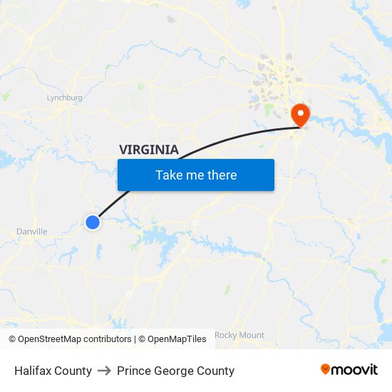 Halifax County to Prince George County map