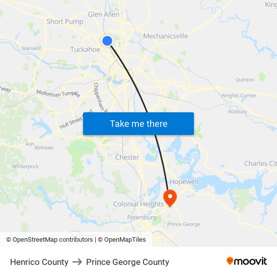 Henrico County to Prince George County map