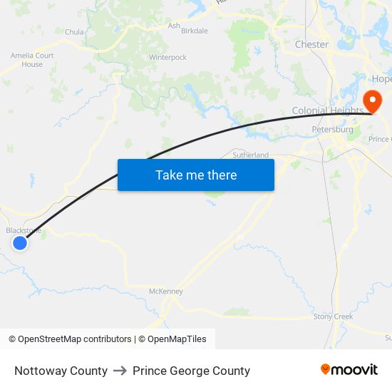 Nottoway County to Prince George County map