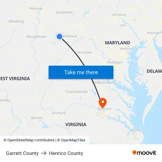 Garrett County to Henrico County map