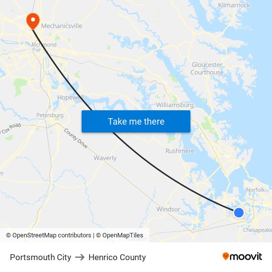 Portsmouth City to Henrico County map