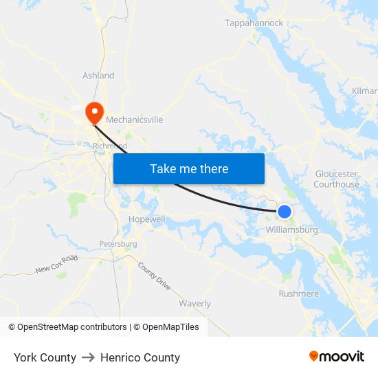 York County to Henrico County map