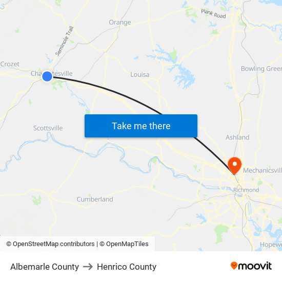 Albemarle County to Henrico County map