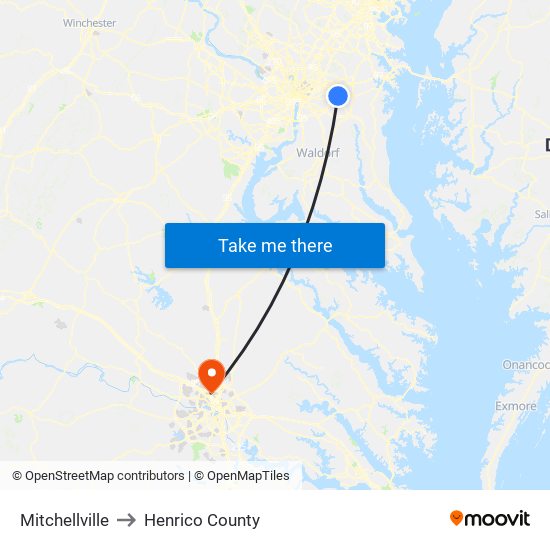 Mitchellville to Henrico County map