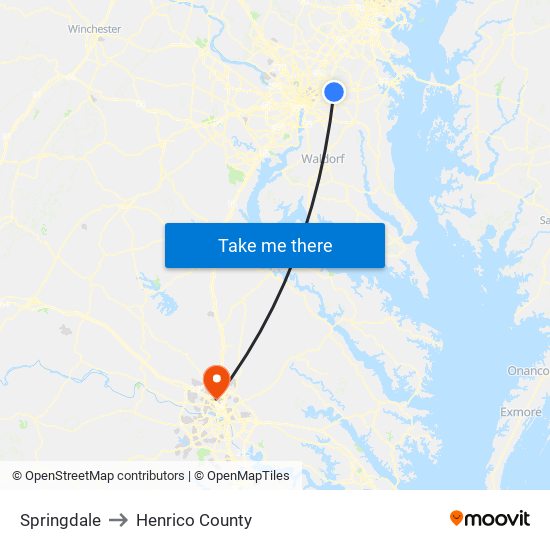 Springdale to Henrico County map