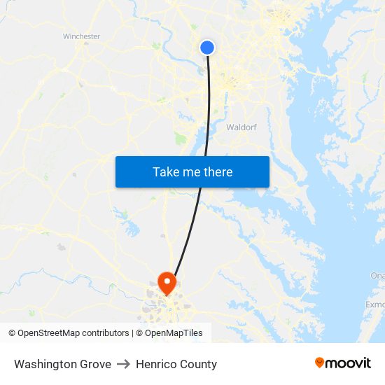 Washington Grove to Henrico County map