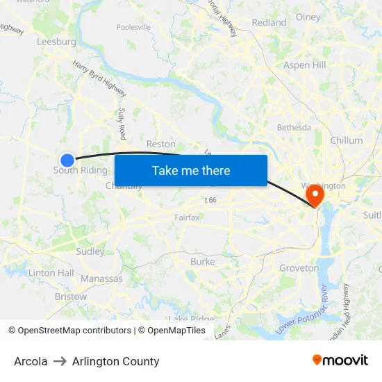 Arcola to Arlington County map