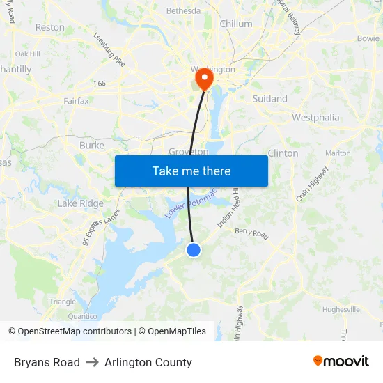 Bryans Road to Arlington County map