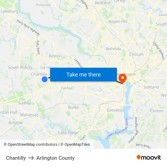 Chantilly to Arlington County map