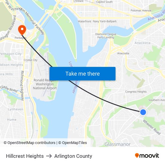 Hillcrest Heights to Arlington County map