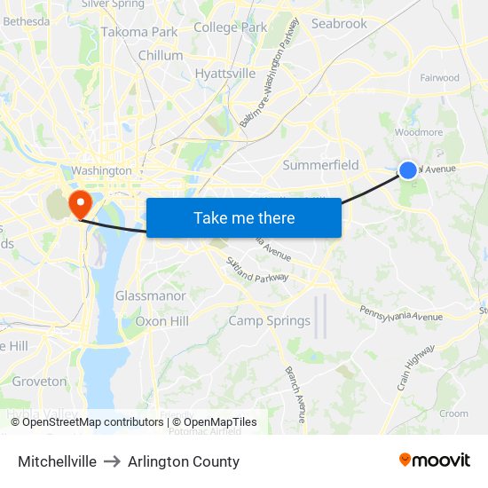 Mitchellville to Arlington County map