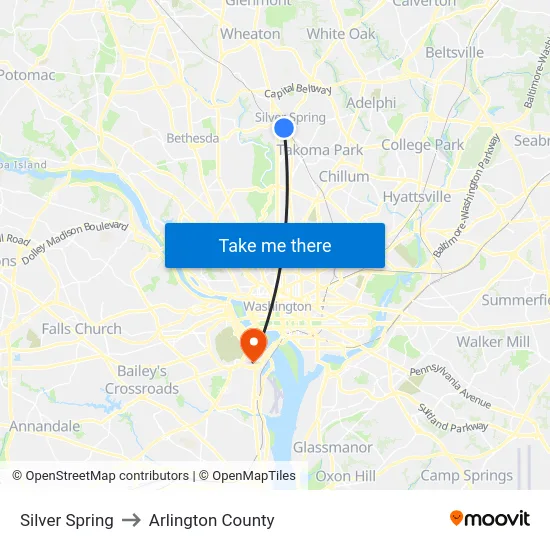 Silver Spring to Arlington County map