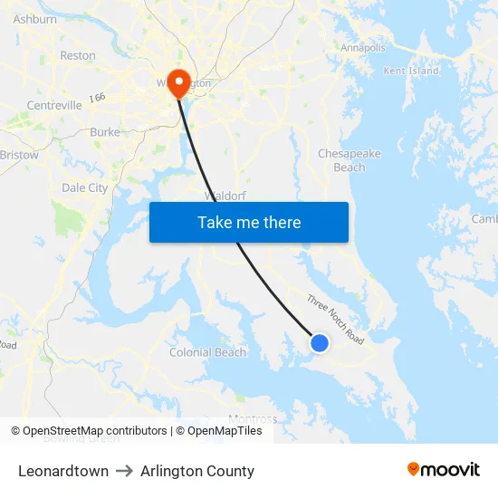 Leonardtown to Arlington County map