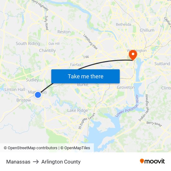 Manassas to Arlington County map