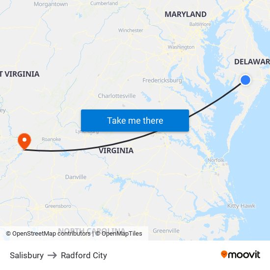 Salisbury to Radford City map