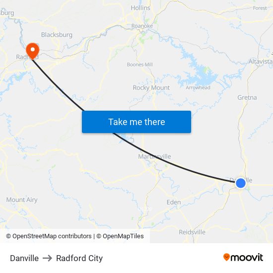 Danville to Radford City map