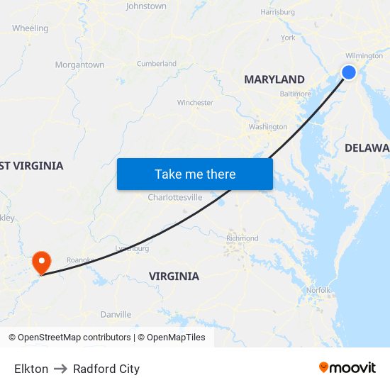 Elkton to Radford City map