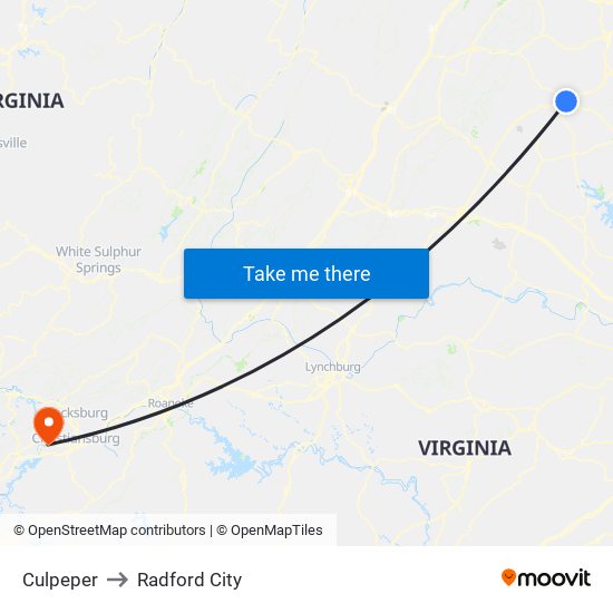 Culpeper to Radford City map