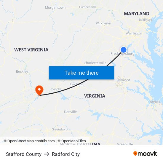 Stafford County to Radford City map