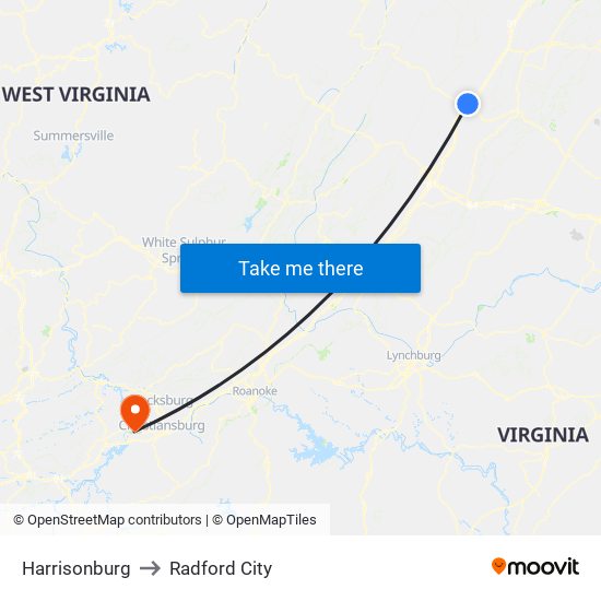 Harrisonburg to Radford City map