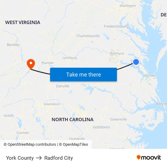 York County to Radford City map