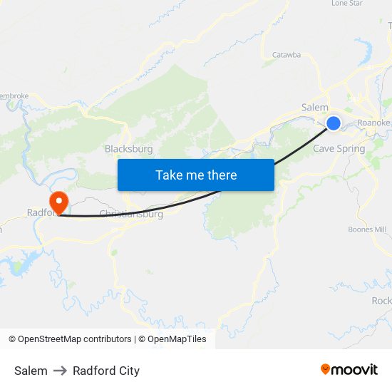 Salem to Radford City map