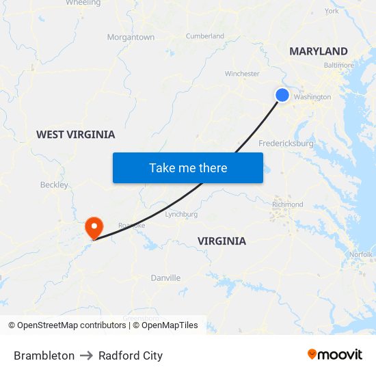 Brambleton to Radford City map