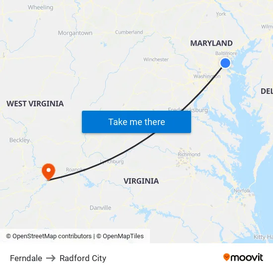 Ferndale to Radford City map