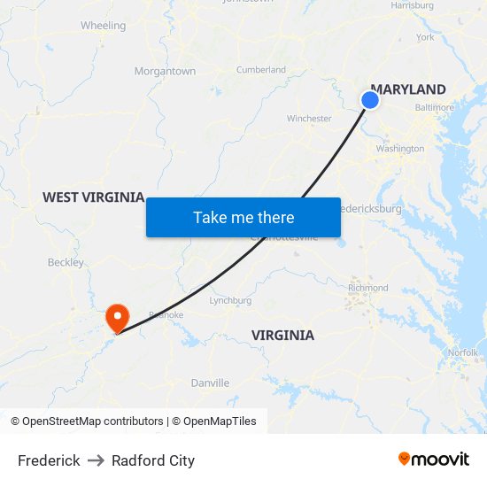 Frederick to Radford City map