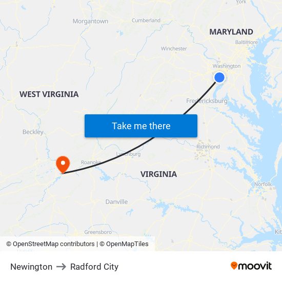 Newington to Radford City map