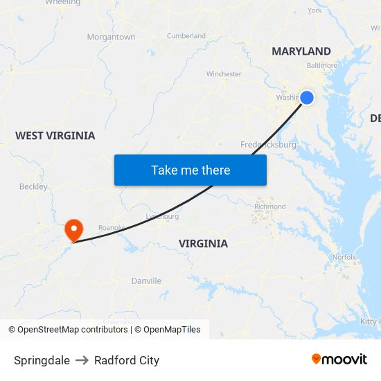 Springdale to Radford City map