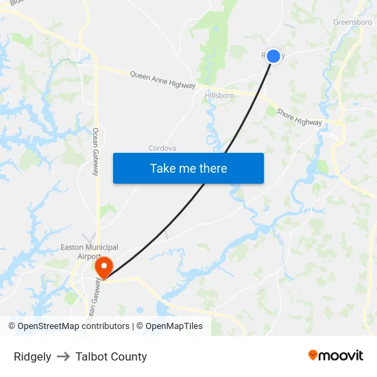 Ridgely to Talbot County map