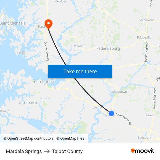 Mardela Springs to Talbot County map