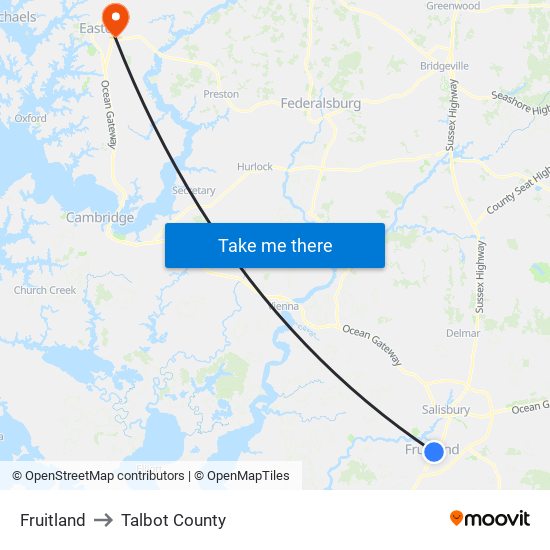 Fruitland to Talbot County map