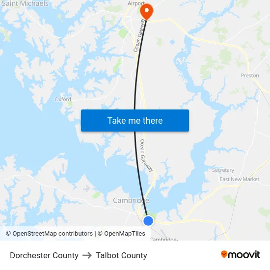 Dorchester County to Talbot County map