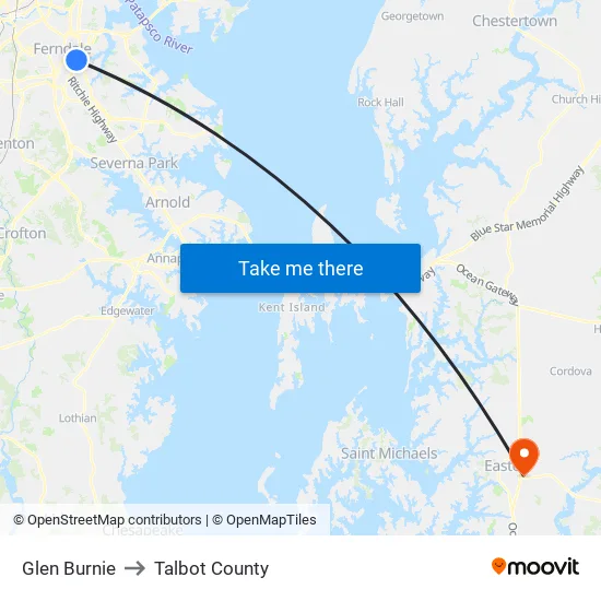 Glen Burnie to Talbot County map
