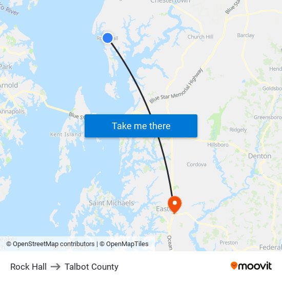 Rock Hall to Talbot County map