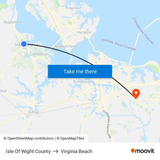 Isle Of Wight County to Virginia Beach map