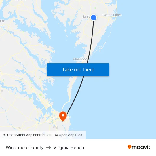 Wicomico County to Virginia Beach map