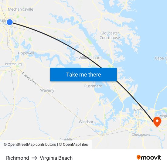 Richmond to Virginia Beach map