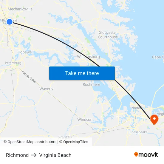 Richmond to Virginia Beach map