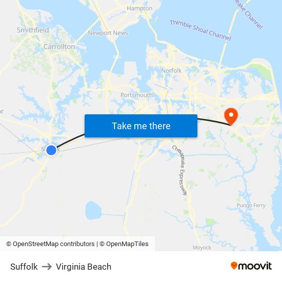 Suffolk to Virginia Beach map