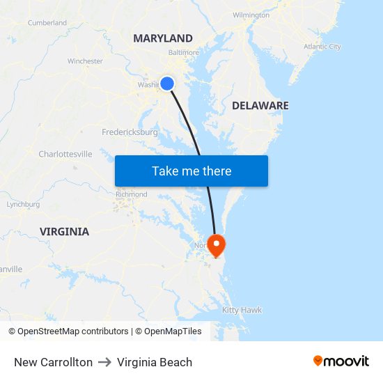 New Carrollton to Virginia Beach map