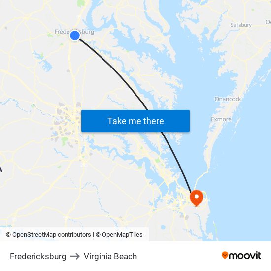 Fredericksburg to Virginia Beach map