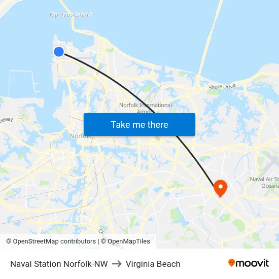 Naval Station Norfolk-NW to Virginia Beach map