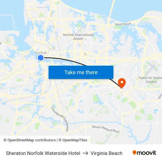 Sheraton Norfolk Waterside Hotel to Virginia Beach map
