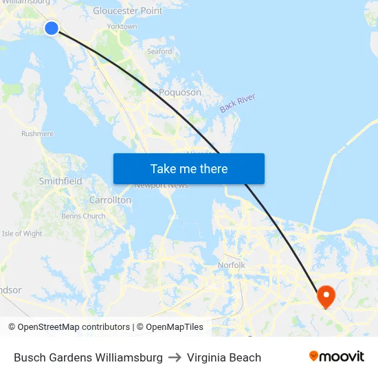 Busch Gardens Williamsburg to Virginia Beach map