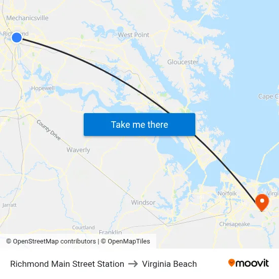 Richmond Main Street Station to Virginia Beach map