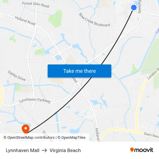 Lynnhaven Mall to Virginia Beach map