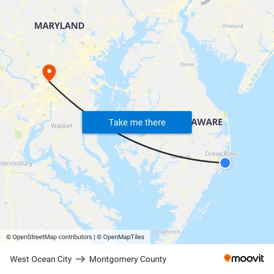 West Ocean City to Montgomery County map